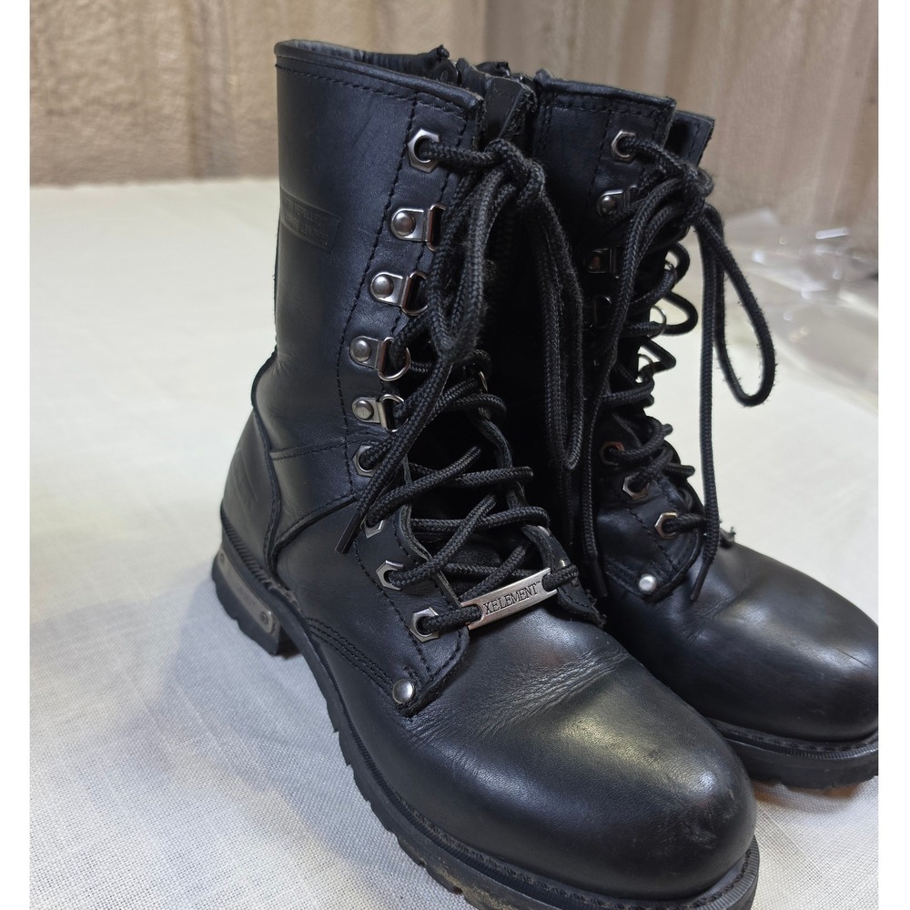 Xelement Black Leather Motorcycle Boots Lace Up Side Zip Biker Lug Sole Womens